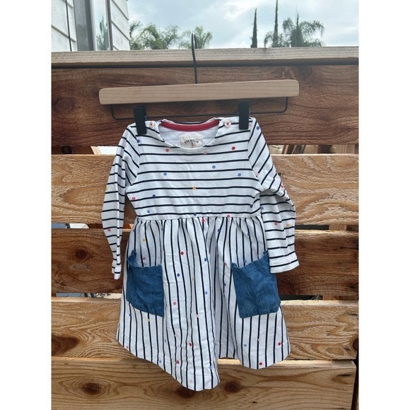 Joules dress. Great quality! Stripes, colorful polkadots and denim pockets. Sz 2 - Picture 1 of 4